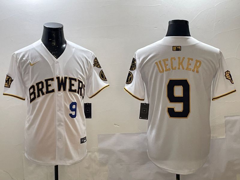 Men Milwaukee Brewers #9 Uecker White Gold Game 2025 Nike MLB Jersey style 3->milwaukee brewers->MLB Jersey